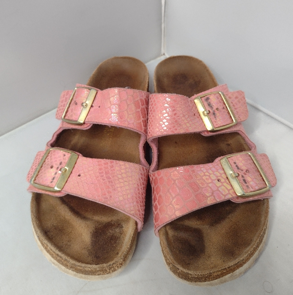 Birkenstock Women's Arizona Snake Print Sandals 38 Pink Iridescent Comfort G